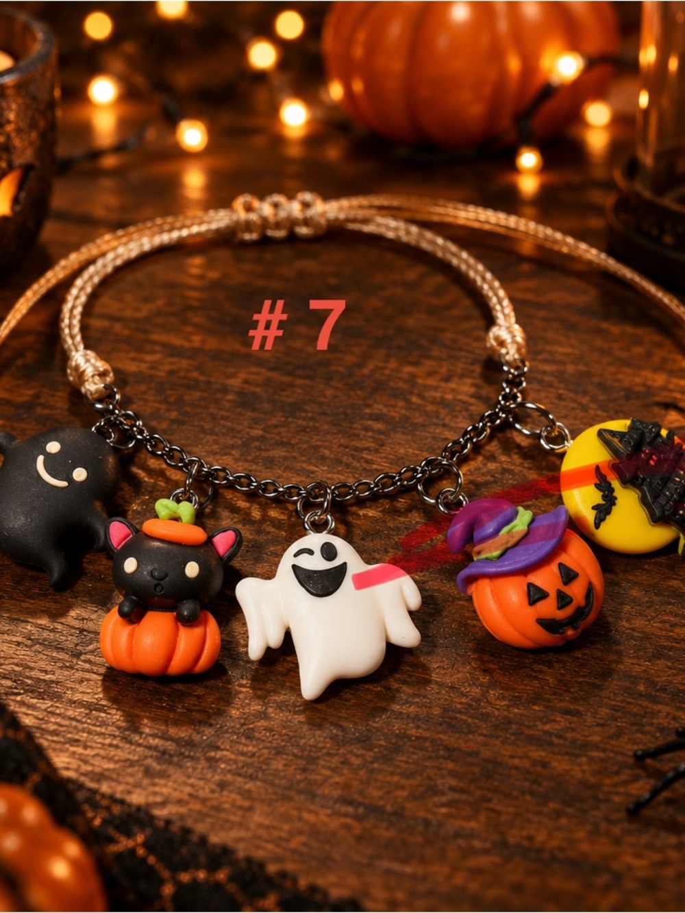 Handcrafted Halloween Charm Bracelet #7 Gothic Raven Skull & Moon